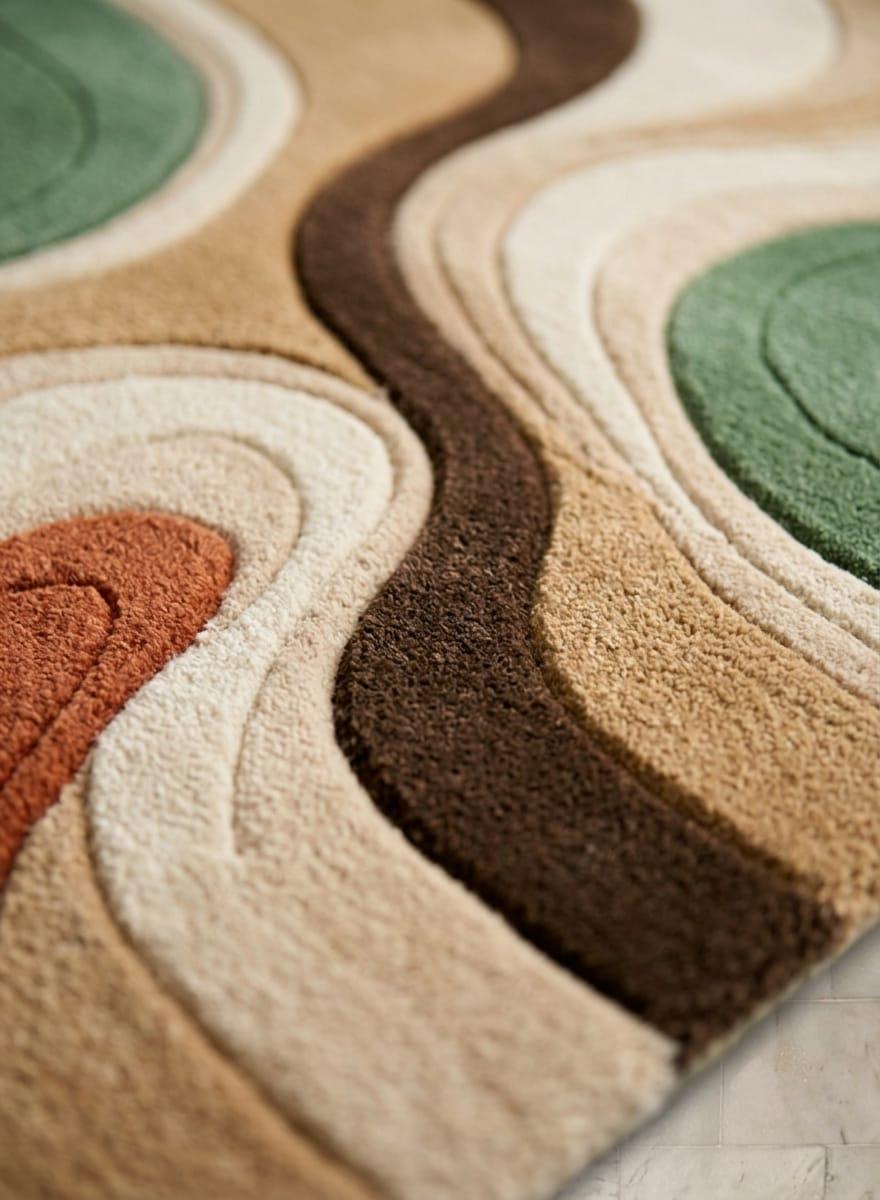 Detailed-hand-carved-high-low-pile-texture-abstract-wavy-sage-green-wool-rug A close-up of a textured area rug with a retro, wavy concentric pattern in beige, cream, dark brown, sage green, and terracotta orange.