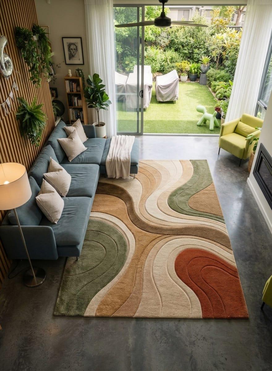 Shubham-Art-Rugs-hand-tufted-wool-area-rug-abstract-wavy-sage-green-terracotta-beige-contemporary-home-carpet A large rectangular area rug with an abstract wavy pattern in beige, cream, sage green, olive, and rust orange, shown in a modern living room setting next to a blue-gray sofa.