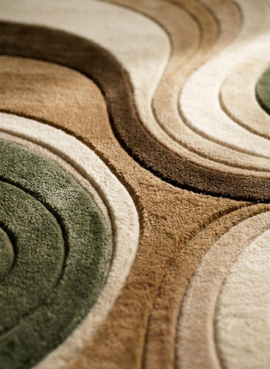 Detailed-hand-carved-high-low-pile-texture-abstract-wavy-sage-green-wool-rug A close-up of a textured area rug with a retro wavy concentric circle pattern in shades of beige, brown, and olive green.