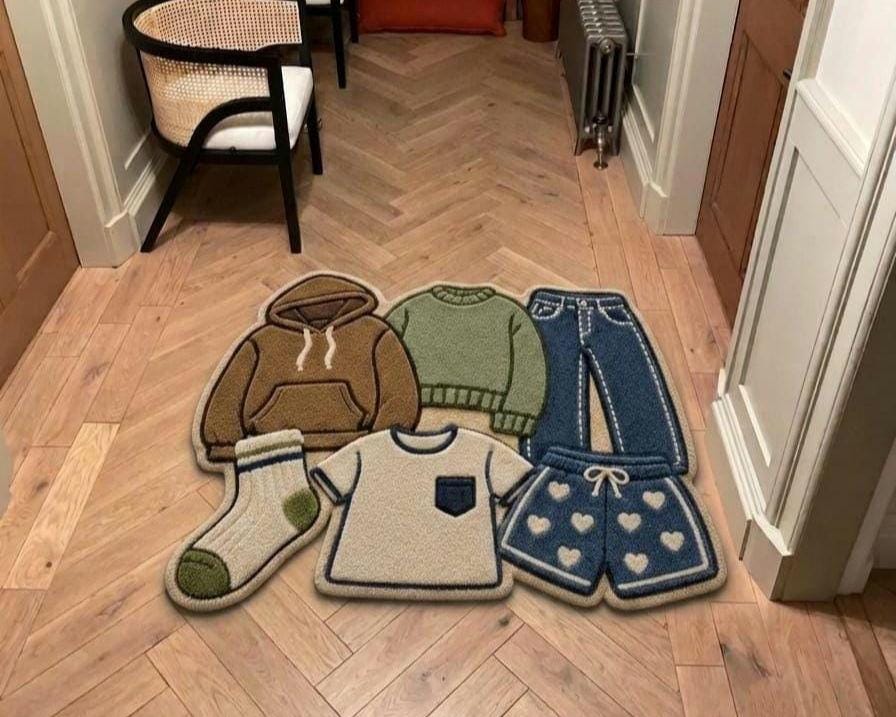 Shubham-Art-Rugs-hand-tufted-wool-clothes-pile-rug-pop-art-hypebeast-room-decor-custom-carpet
A novelty floor mat shaped like a cozy pajama set, displayed on a light wood herringbone floor in a hallway. The mat features a brown hoodie, a green sweater, blue jeans, a cream t-shirt, blue shorts with white hearts, and a green-and-beige sock.