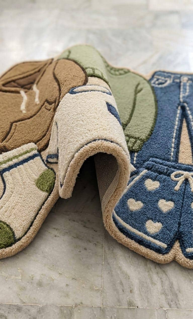  Detailed-2d-pop-art-graphic-hand-carved-high-low-pile-texture-hypebeast-clothes-pile-wool-rug
A close-up of a plush, textured area rug featuring a whimsical winter and outdoor theme. The design includes a brown bear face, a green tree, a beige mitten, and blue denim shorts with white hearts, all set against a light gray marble floor.