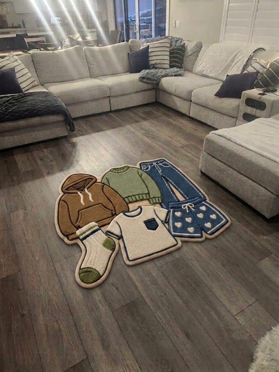 Shubham-Art-Rugs-hand-tufted-wool-clothes-pile-rug-pop-art-hypebeast-room-decor-custom-carpet
A novelty area rug shaped like a clothing outfit, displayed on a dark wood floor in a living room setting. The rug depicts a brown hoodie, a green sweater, blue jeans, a white t-shirt, and blue polka-dot pants, with matching socks.