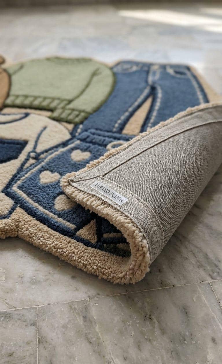 Shubham-Art-Rugs-hand-tufted-wool-clothes-pile-rug-pop-art-hypebeast-room-decor-custom-carpet
A close-up of a plush area rug with a rolled corner, showing its beige sherpa backing and a woven top layer in blue denim and green knit-like patterns. A small fabric tag reads 'LUFFED LULU'.