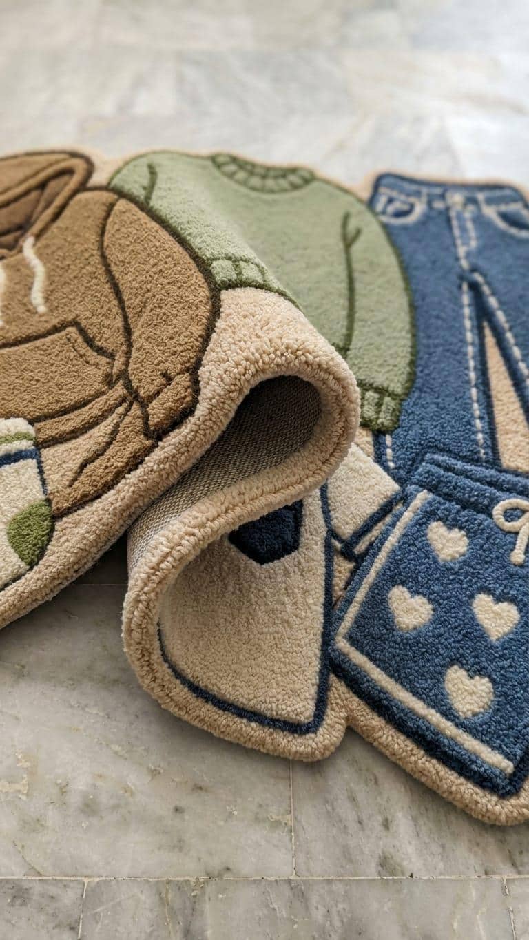  Shubham-Art-Rugs-hand-tufted-wool-clothes-pile-rug-pop-art-hypebeast-room-decor-custom-carpet
Three plush, novelty bath mats shaped like a rabbit, a sweater, and blue jeans with heart details, arranged on a light gray marble floor.