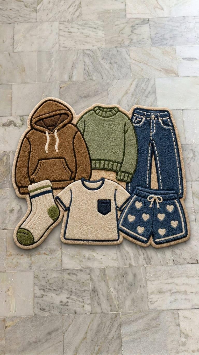 Modern-hypebeast-bedroom-interior-styling-featuring-luxury-shaped-clothes-pile-wool-accent-carpet
A set of five children's clothing-shaped floor mats arranged on a light gray marble tile floor. The set includes a brown hoodie, an olive green sweater, blue jeans, a beige t-shirt, blue shorts with white hearts, and a pair of green and beige socks.
