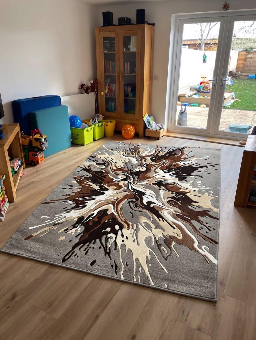 Shubham-Art-Rugs-hand-tufted-wool-rug-abstract-splash-design-contemporary-living-room-carpet  A large rectangular area rug with a brown, beige, and gray abstract splatter pattern, displayed on a light wood floor in a child's playroom.