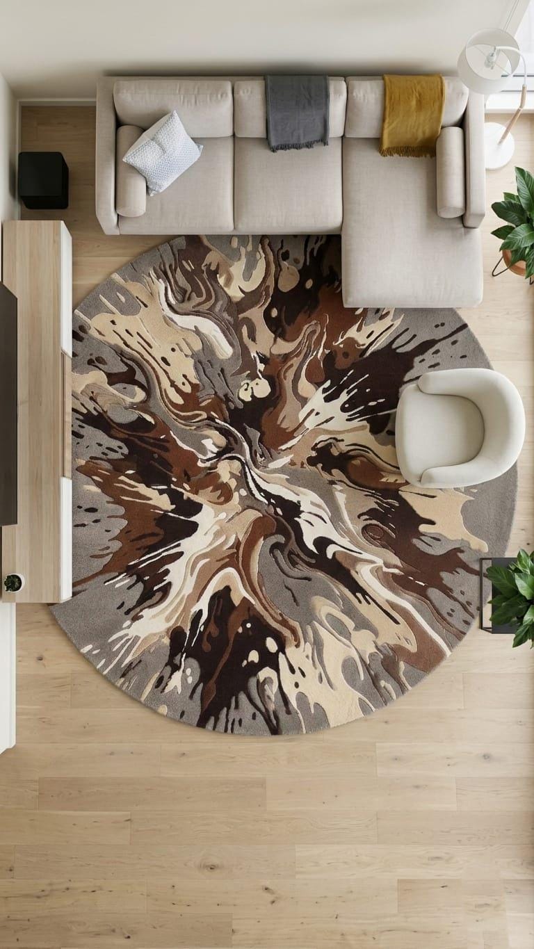 Shubham-Art-Rugs-hand-tufted-wool-rug-abstract-splash-design-contemporary-living-room-carpet A round area rug with an abstract marbled swirl pattern in brown, beige, and gray, styled in a modern living room setting with a light wood floor, beige sectional sofa, and white accent chair.