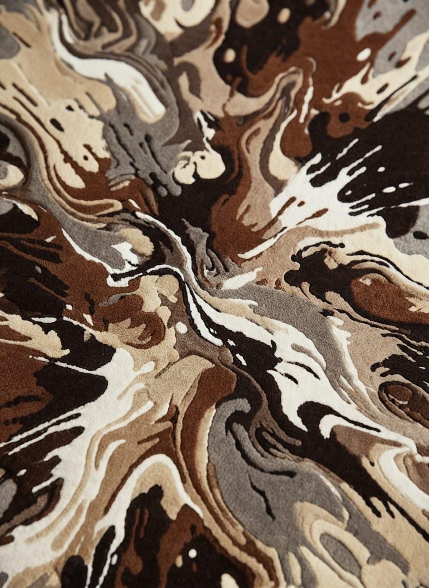 Shubham-Art-Rugs-hand-tufted-wool-rug-abstract-splash-design-contemporary-living-room-carpet Abstract marbled pattern rug in shades of brown, beige, gray, and cream with a textured pile.