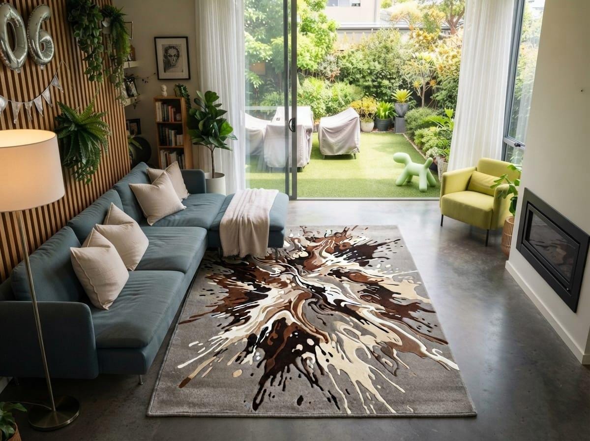 Contemporary-minimalist-living-room-interior-styling-featuring-luxury-neutral-abstract-splash-area-carpet  A modern living room featuring a large abstract splash rug in brown, beige, and gray tones. The room is styled with a slate blue sectional sofa, a green accent chair, a floor lamp, and large windows looking out onto a green backyard.