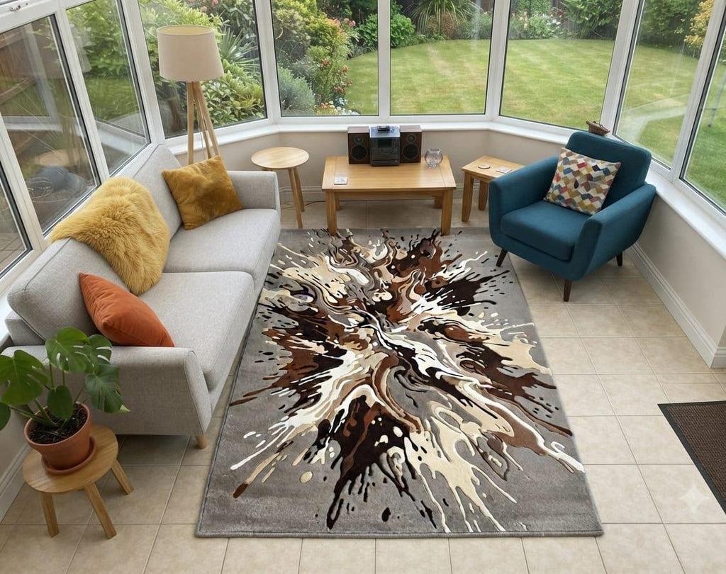 Shubham-Art-Rugs-hand-tufted-wool-rug-abstract-splash-design-contemporary-living-room-carpet  A rectangular area rug with an abstract paint splatter design in gray, brown, black, and cream, styled in a bright modern conservatory with a sofa, armchair, and large windows.