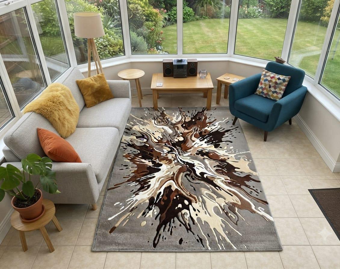 Shubham-Art-Rugs-hand-tufted-wool-rug-abstract-splash-design-contemporary-living-room-carpet  A rectangular area rug with an abstract paint splatter design in gray, brown, black, and cream, styled in a bright modern conservatory with a sofa, armchair, and large windows.