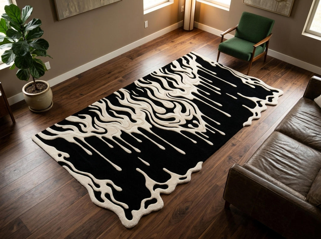 Shubham-Art-Rugs-hand-tufted-wool-rug-black-cream-abstract-drip-rug-modern-gothic-area-rug-statement-carpet A large rectangular area rug with a bold black and cream abstract wavy pattern, styled on a dark wood floor in a modern living room setting.