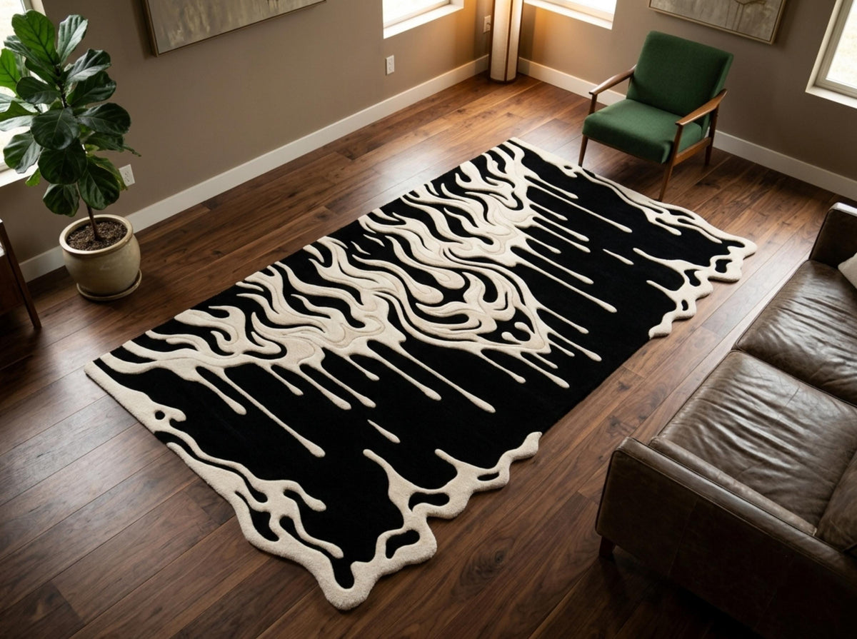 Shubham-Art-Rugs-hand-tufted-wool-rug-black-cream-abstract-drip-rug-modern-gothic-area-rug-statement-carpet A large rectangular area rug with a bold black and cream abstract wavy pattern, styled on a dark wood floor in a modern living room setting.