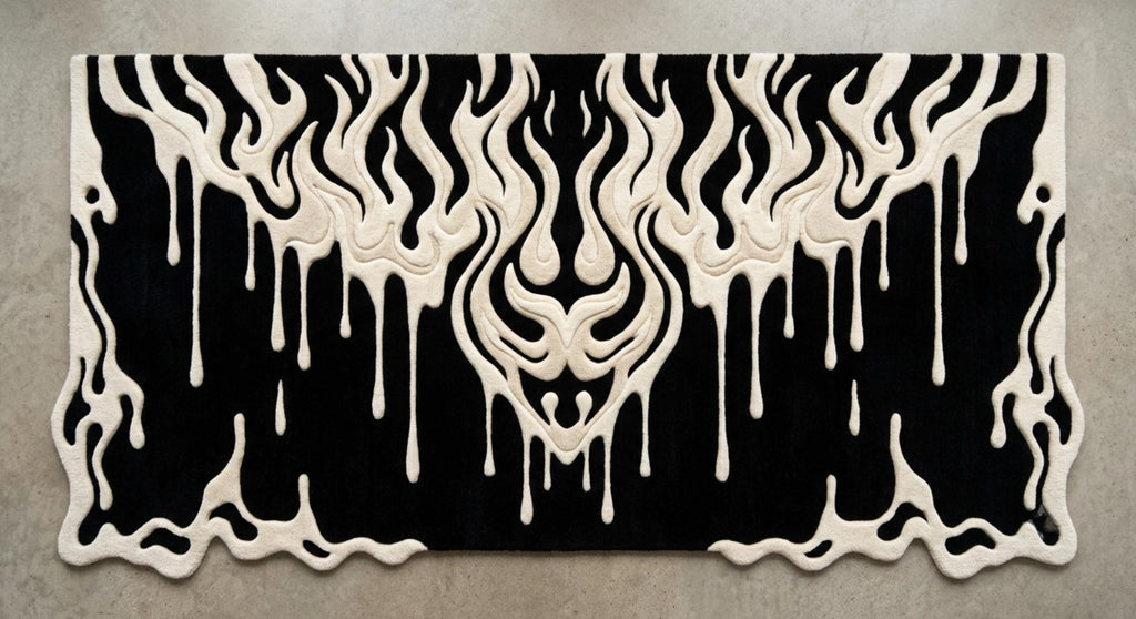Modern-gothic-bedroom-living-room-interior-styling-featuring-luxury-monochrome-fluid-drip-irregular-area-carpet A rectangular black rug with a raised cream-colored dripping flame or melting design, photographed from above on a light gray textured floor.