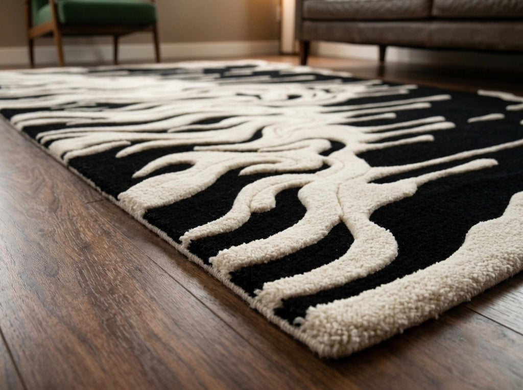Detailed-3d-hand-carved-high-low-pile-texture-black-and-natural-cream-abstract-drip-wool-rug A close-up of a black and off-white abstract patterned area rug on a dark wood floor, with a blurred living room background showing a sofa and chair.