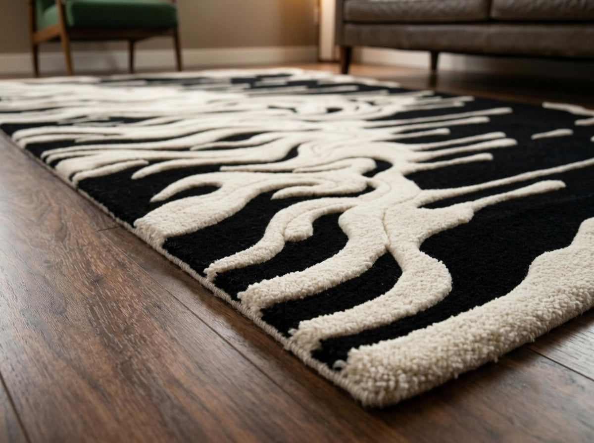 Detailed-3d-hand-carved-high-low-pile-texture-black-and-natural-cream-abstract-drip-wool-rug A close-up of a black and off-white abstract patterned area rug on a dark wood floor, with a blurred living room background showing a sofa and chair.