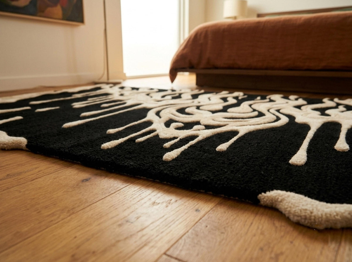 Shubham-Art-Rugs-hand-tufted-wool-rug-black-cream-abstract-drip-rug-modern-gothic-area-rug-statement-carpet A black area rug with a cream abstract dripping pattern, shown on a light wood floor in a bedroom setting.