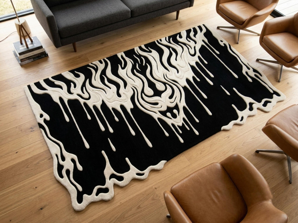 Shubham-Art-Rugs-hand-tufted-wool-rug-black-cream-abstract-drip-rug-modern-gothic-area-rug-statement-carpet A rectangular black rug with a bold white dripping, fluid pattern and thick white border, styled on a light wood floor in a modern living room with brown leather chairs and a gray sofa.