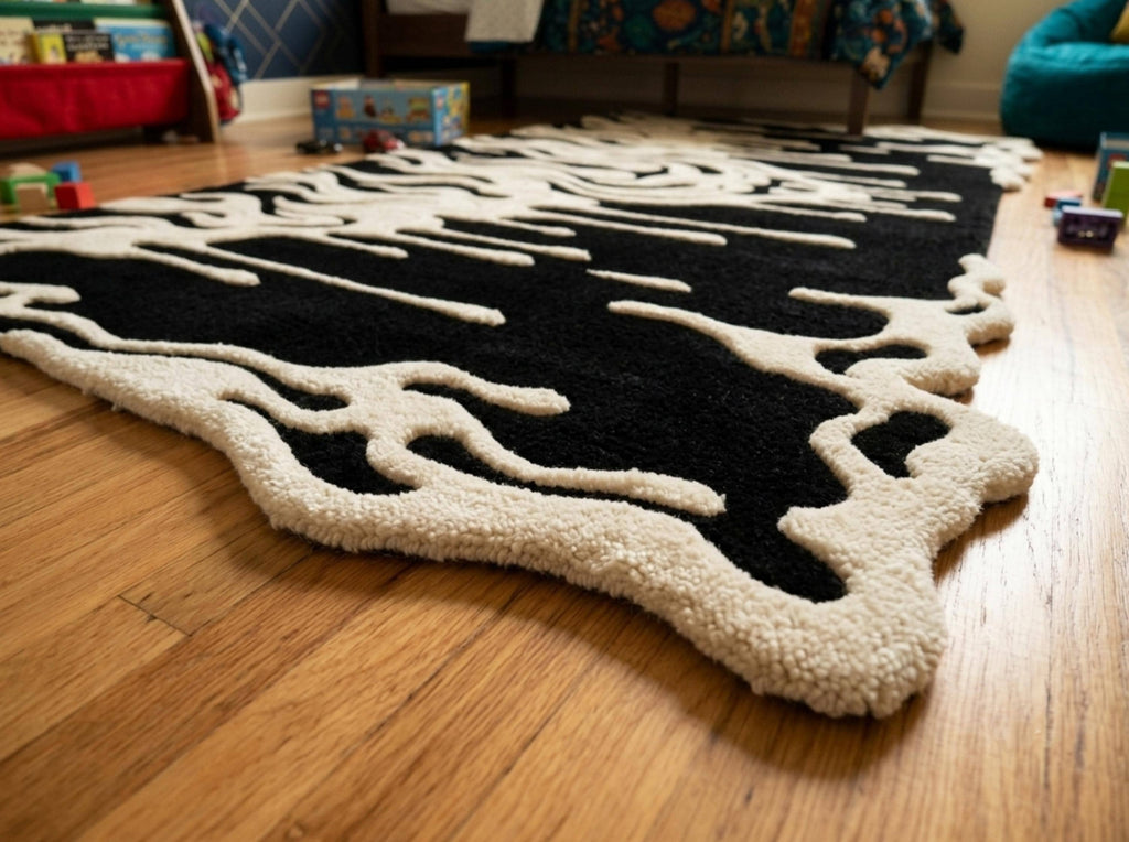 Detailed-3d-hand-carved-high-low-pile-texture-black-and-natural-cream-abstract-drip-wool-rug A high-pile area rug with a black and cream abstract, organic wavy pattern, shown on a hardwood floor in a child's room setting.