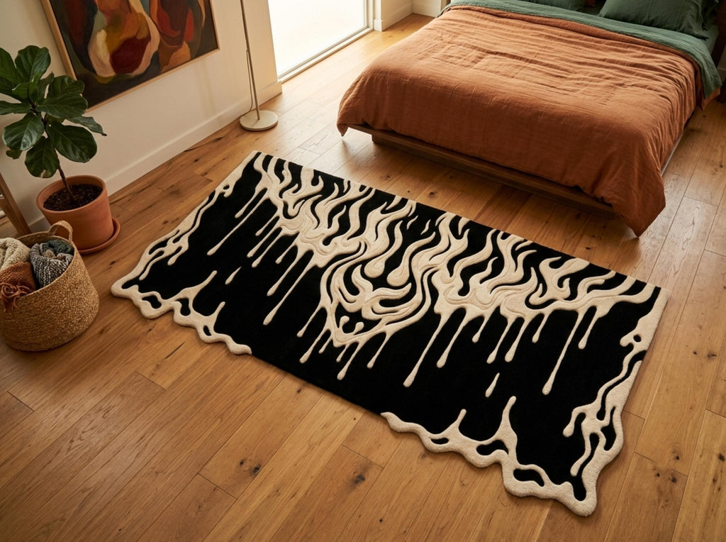 Shubham-Art-Rugs-hand-tufted-wool-rug-black-cream-abstract-drip-rug-modern-gothic-area-rug-statement-carpet A black and cream drip-patterned wool rug styled on a light wood floor in a modern bedroom setting next to a bed with rust-colored bedding.