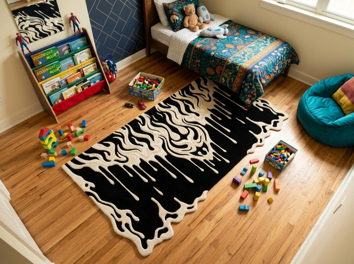A black and white zebra-patterned area rug styled in a children's bedroom with a wooden bed, colorful toy bins, scattered building blocks, and a teal beanbag chair.Modern-gothic-bedroom-living-room-interior-styling-featuring-luxury-monochrome-fluid-drip-irregular-area-carpet