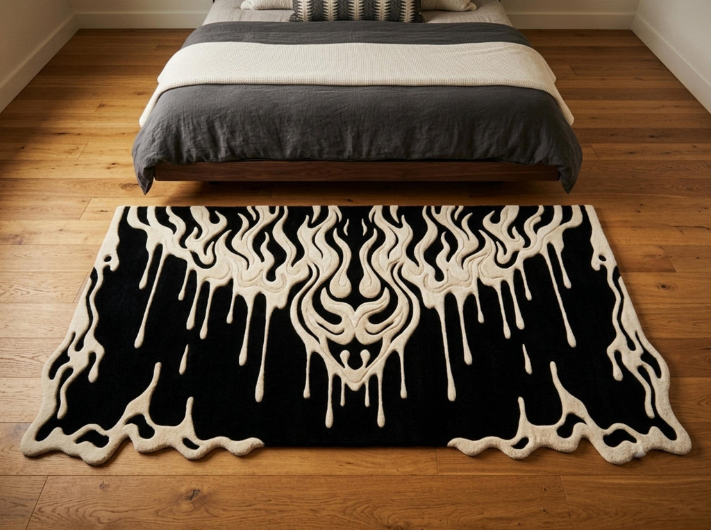 Shubham-Art-Rugs-hand-tufted-wool-rug-black-cream-abstract-drip-rug-modern-gothic-area-rug-statement-carpet A black and cream drip-patterned area rug on a light wood floor in front of a bed with gray bedding.