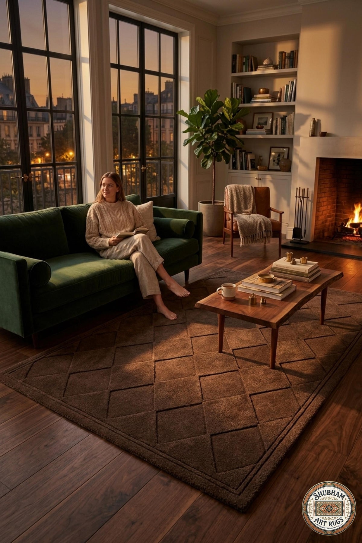 Modern-mid-century-living-room-interior-styling-featuring-luxury-brown-diamond-lattice-area-carpet Woman sitting on a green sofa in a cozy living room with a large window, fireplace, and wooden coffee table.