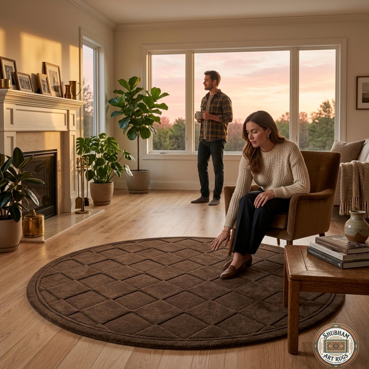 Shubham-Art-Rugs-hand-tufted-wool-rug-brown-geometric-diamond-pattern-plush-living-room-carpet Woman sitting on a brown round rug in a cozy living room with a man standing by the window.