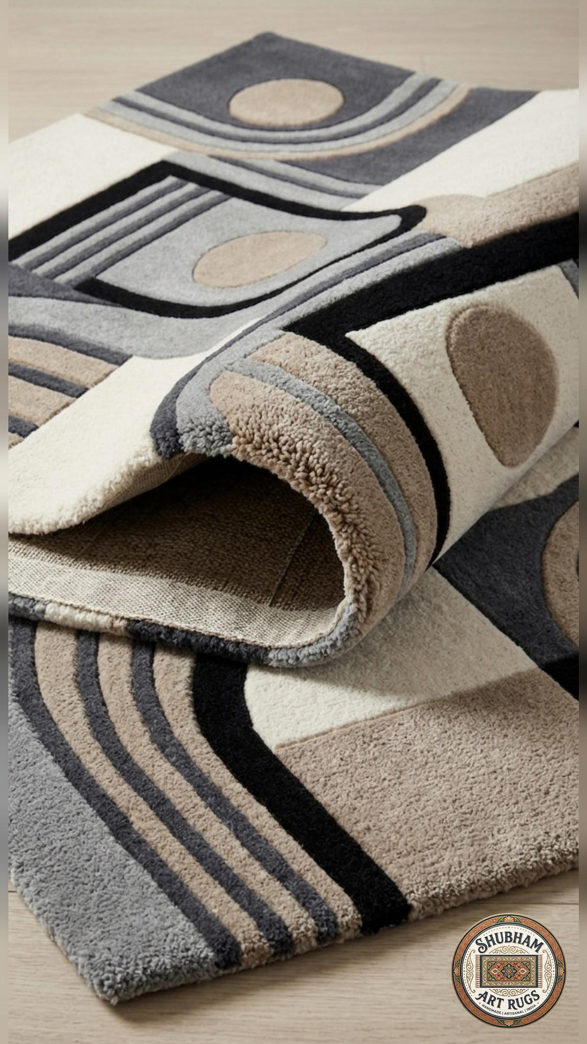 Modern-minimalist-living-room-interior-styling-featuring-luxury-neutral-beige-grey-abstract-arc-area-carpet Patterned rug with geometric design on a wooden floor