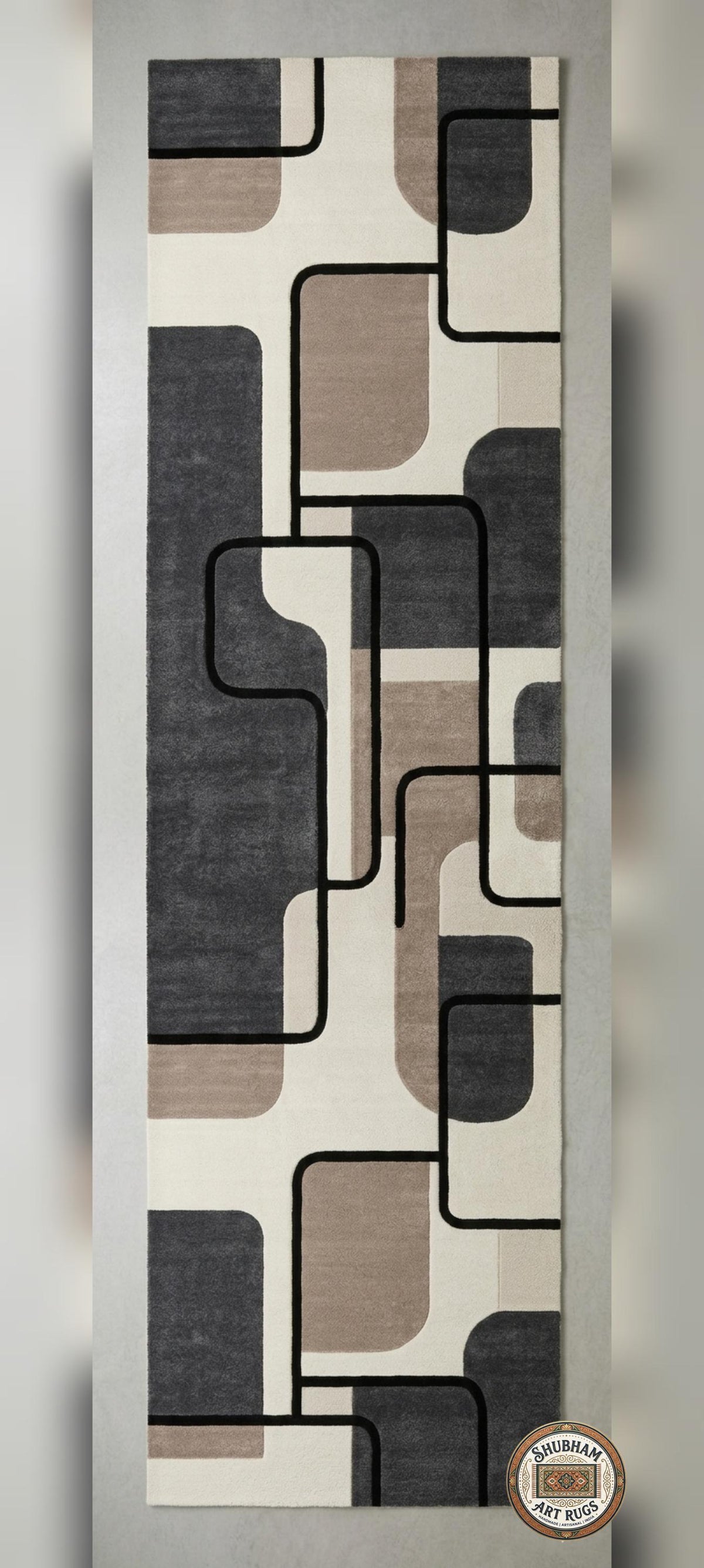 Shubham-Art-Rugs-hand-tufted-wool-rug-modern-abstract-geometric-living-room-carpet-neutral-beige Geometric patterned rug with brown and gray squares on a beige background