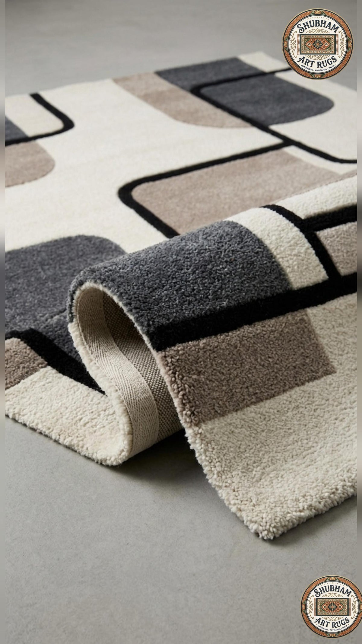 Detailed-3d-hand-carved-high-low-pile-texture-new-zealand-wool-neutral-beige-charcoal-geometric-rug Roll of patterned rug with geometric design on a neutral background