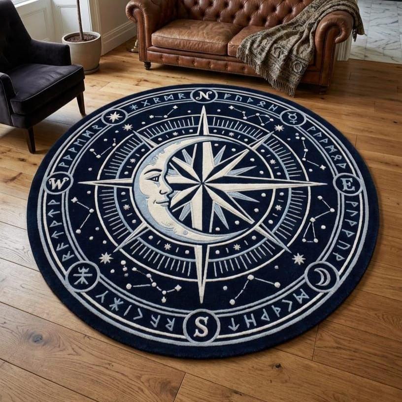 Shubham Art Rugs hand tufted New Zealand wool celestial compass rug featuring a mystical moon and stars astrology design layout
 A round navy blue rug with a white celestial compass design featuring a moon face, stars, constellations, and directional symbols, displayed on a wooden floor in a living room setting.