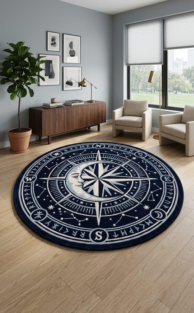 Mystical boho neutral celestial road play map rug styled on a hardwood floor inside a modern contemporary home office study setup
 A round navy blue area rug with a white celestial compass and constellation design, shown in a modern living room setting on a light wood floor.