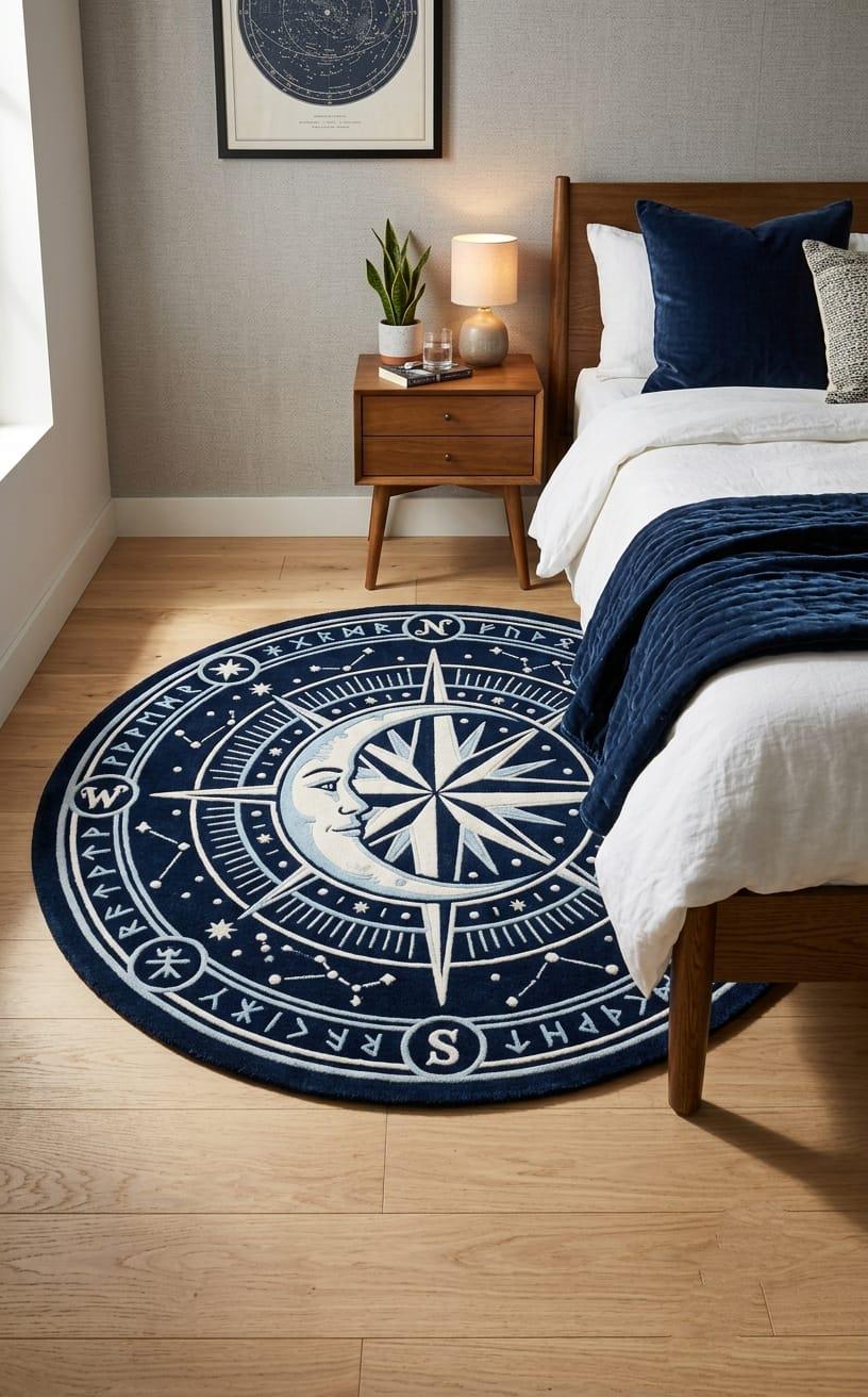 Mystical boho neutral celestial road play map rug styled on a hardwood floor inside a modern contemporary home office study setup
 A round navy blue and white rug with a celestial compass rose design, styled on a light wood floor in a modern bedroom next to a bed with white bedding and a wooden nightstand.