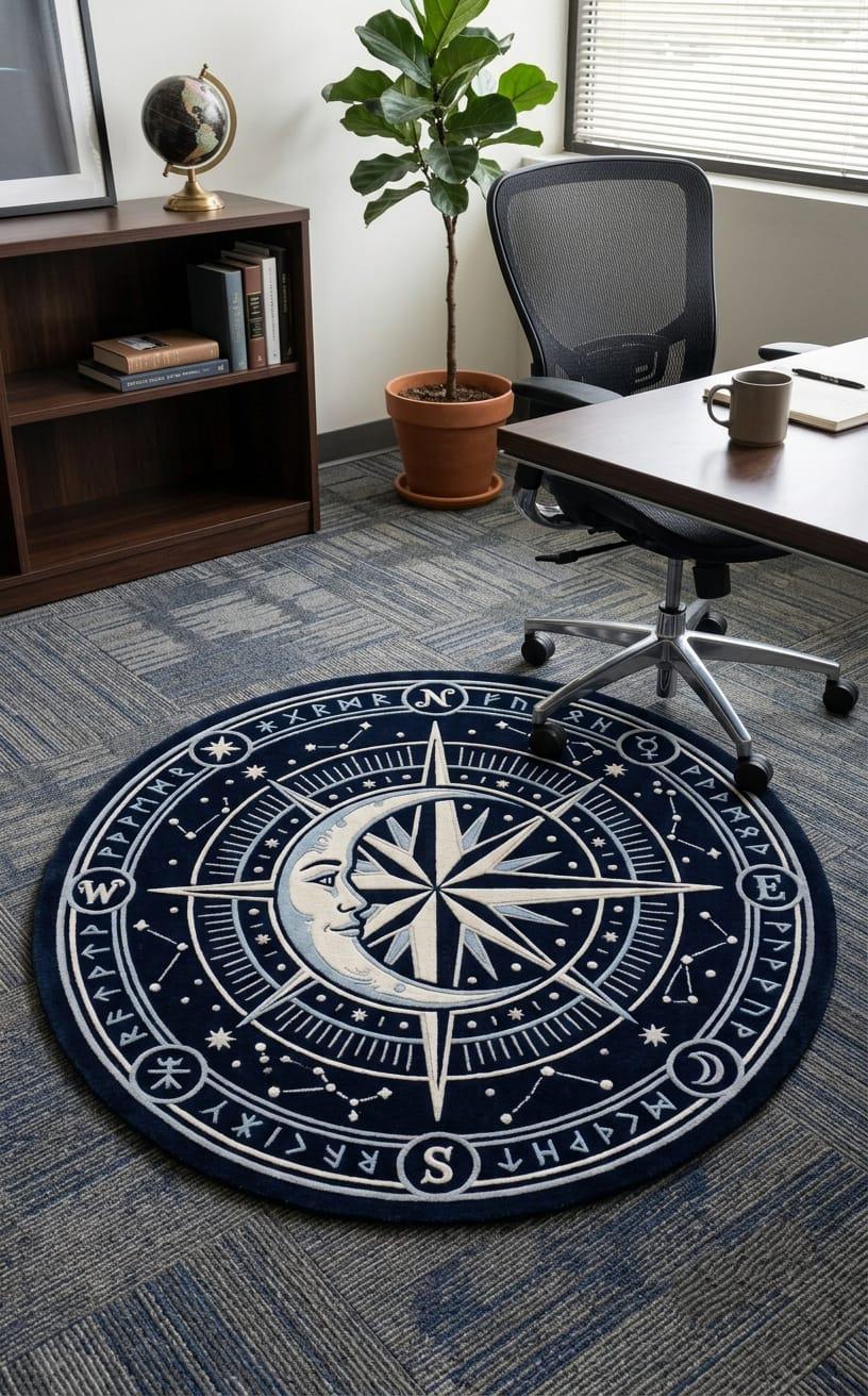 Shubham Art Rugs hand tufted New Zealand wool celestial compass rug featuring a mystical moon and stars astrology design layout
 A round navy blue area rug with a white celestial compass design, styled in a modern office setting on a gray patterned carpet next to a desk and chair.