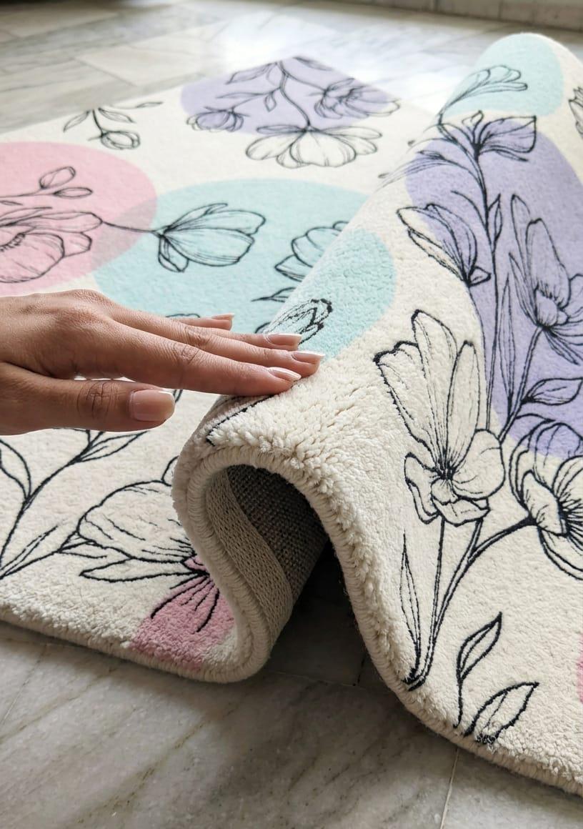 Detailed close up view of crisp charcoal black floral outlines on soft blush pink and lavender purple tufted wool rug pile A close-up of a plush area rug with a cream base, black floral line art, and pastel pink, light blue, and lavender circular accents. A hand is shown lifting the corner of the rug to demonstrate its soft texture, set on a light gray marble floor.