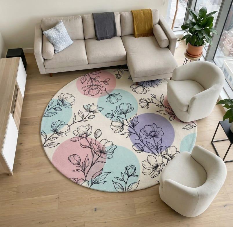 Pastel botanical floral area carpet styled on a light wood floor inside a modern cottagecore theme bedroom decor layout A round area rug with a pastel floral pattern is styled in a modern living room setting with a beige sectional sofa, two cream armchairs, and light wood flooring.
