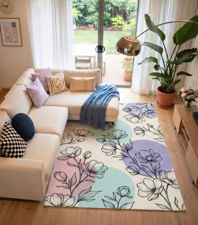 Pastel botanical floral area carpet styled on a light wood floor inside a modern cottagecore theme bedroom decor layout A rectangular area rug with a floral line-art pattern over pastel pink, mint, lavender, and cream sections, styled in a bright living room on a light wood floor next to a cream sectional sofa.