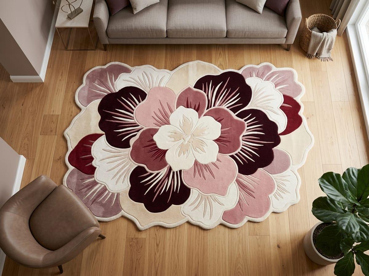 Luxury organic flower shaped pink accent rug styled on natural oak flooring next to modern cream furniture accent pieces
 A large oval area rug with a bold floral pattern in cream, dusty pink, mauve, and deep burgundy, shown on a light wood floor in a modern living room setting.