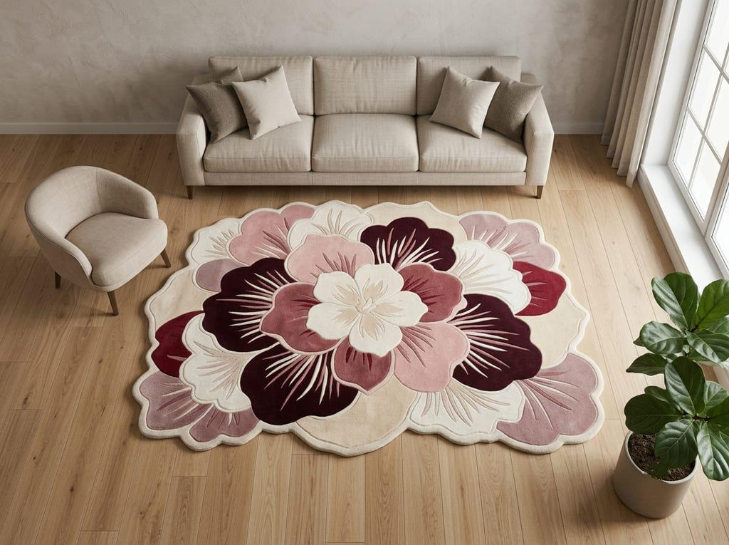 Shubham Art Rugs hand tufted New Zealand wool flower rug featuring a pink and burgundy scalloped petal layout
 A large round area rug with a bold floral pattern in shades of cream, dusty pink, mauve, and deep burgundy, styled in a modern living room setting with a beige sofa, armchair, and potted plant.