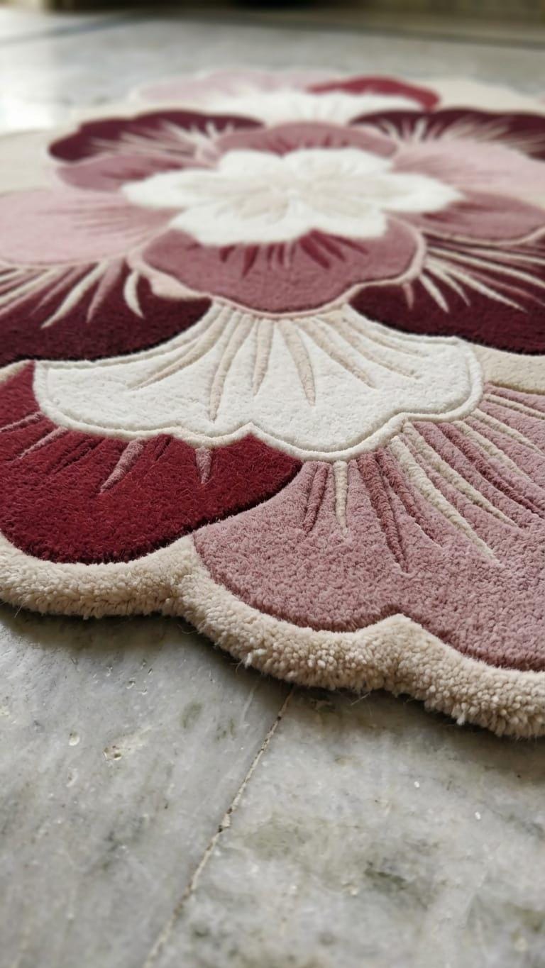Detailed close up profile showing multi level sculpted pile texture on a handmade pink floral botanical wool rug
 A close-up of a floral-shaped rug with layered petal patterns in burgundy, dusty rose, and cream, shown on a gray marble floor.