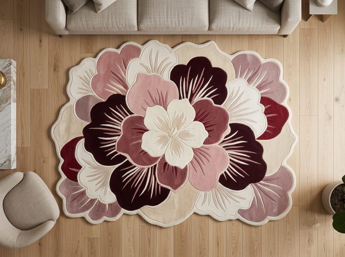 Luxury organic flower shaped pink accent rug styled on natural oak flooring next to modern cream furniture accent pieces
 A large oval area rug with a bold floral pattern in shades of cream, dusty pink, burgundy, and mauve, shown from a top-down view on a light wood floor with a sofa in the background.