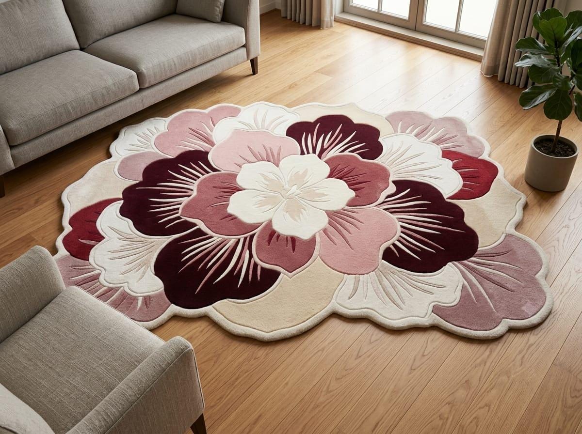 Shubham Art Rugs hand tufted New Zealand wool flower rug featuring a pink and burgundy scalloped petal layout
 A large scalloped area rug with a bold floral pattern in cream, pink, mauve, and burgundy, displayed on a light wood floor in a modern living room setting.