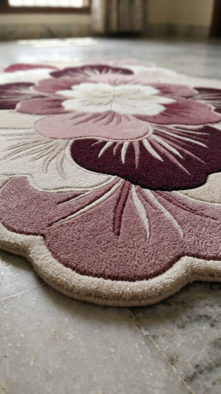 Detailed close up profile showing multi level sculpted pile texture on a handmade pink floral botanical wool rug
 A close-up of a textured area rug with a large floral pattern in shades of dusty pink, burgundy, and cream, laid out on a gray stone floor.