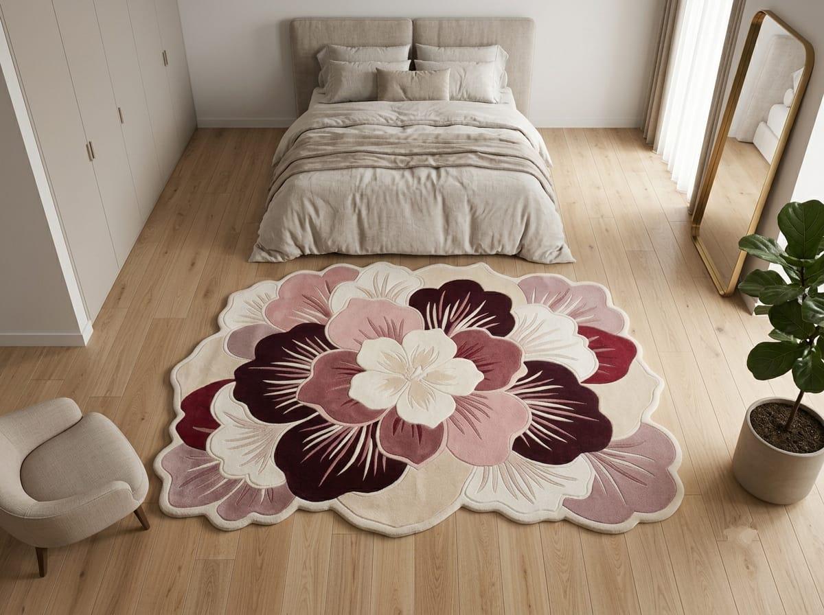 Luxury organic flower shaped pink accent rug styled on natural oak flooring next to modern cream furniture accent pieces
 A large floral area rug with layered scalloped petals in cream, dusty pink, mauve, and deep burgundy, styled on a light wood floor in a modern bedroom setting.
