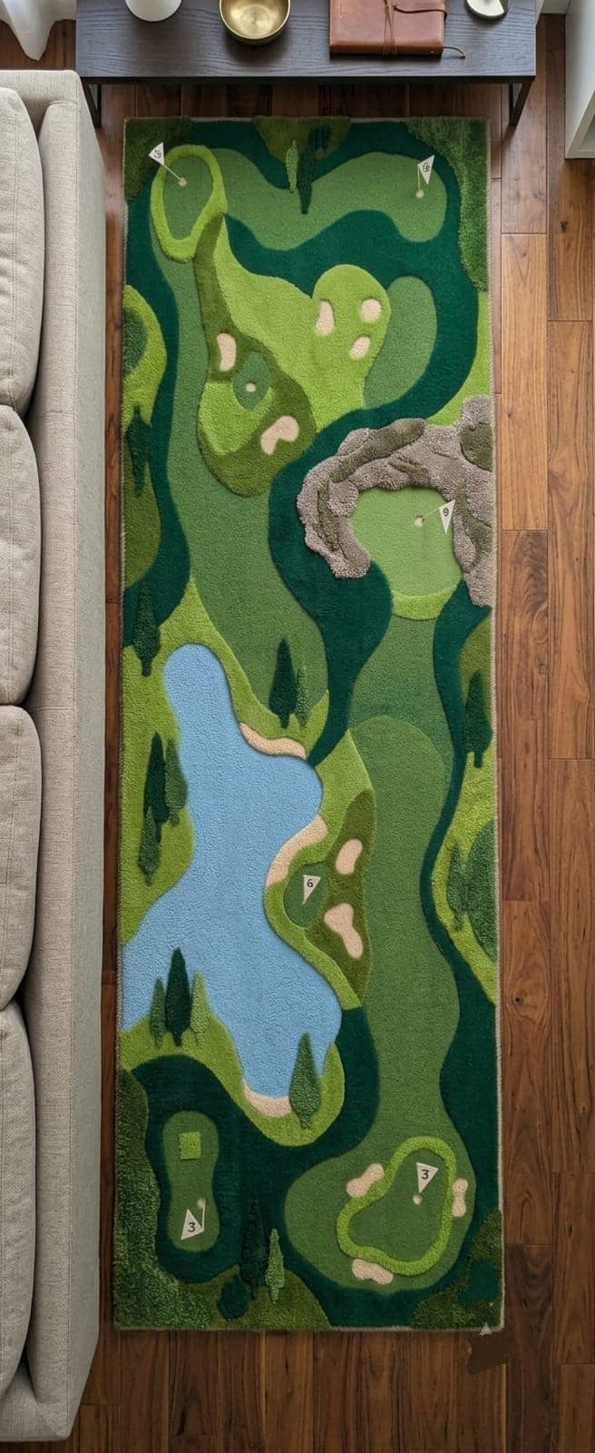 Shubham Art Rugs hand tufted New Zealand wool golf course runner rug featuring a 3D green fairway design layoutLuxury golf inspired floor runner rug styled in a modern residential hallway