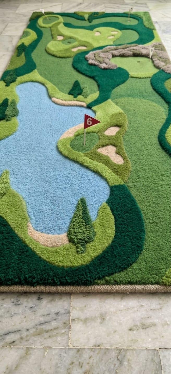 Detailed close up profile of texturized multi level pile depths showing three dimensional fairway details A novelty shag rug shaped like a golf course, featuring green grass, a light blue pond, sand bunkers, and a small red flag with the number 6, shown on a marble floor.