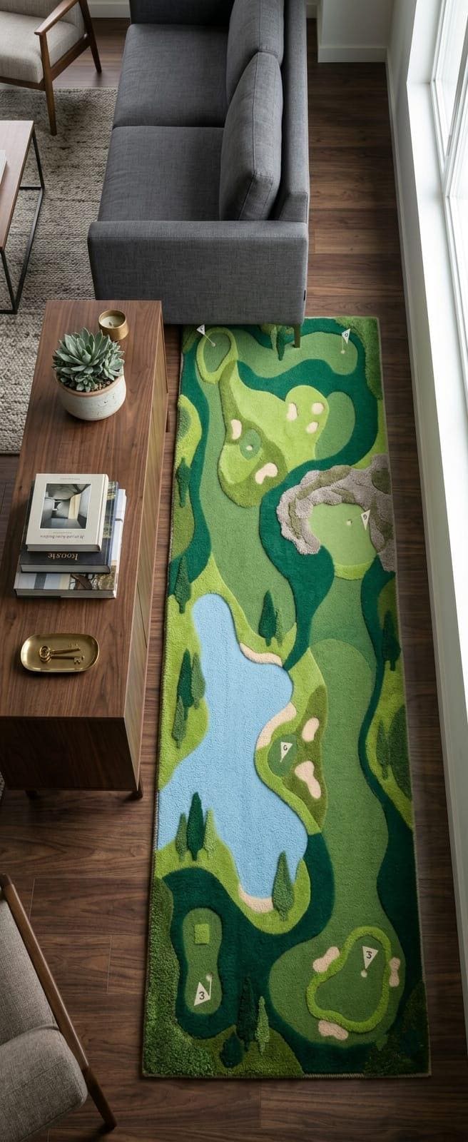 Shubham Art Rugs hand tufted New Zealand wool golf course runner rug featuring a 3D green fairway design layout A long rectangular area rug with a golf course landscape design in shades of green, blue, and beige, placed on a dark wood floor in a modern living room setting.