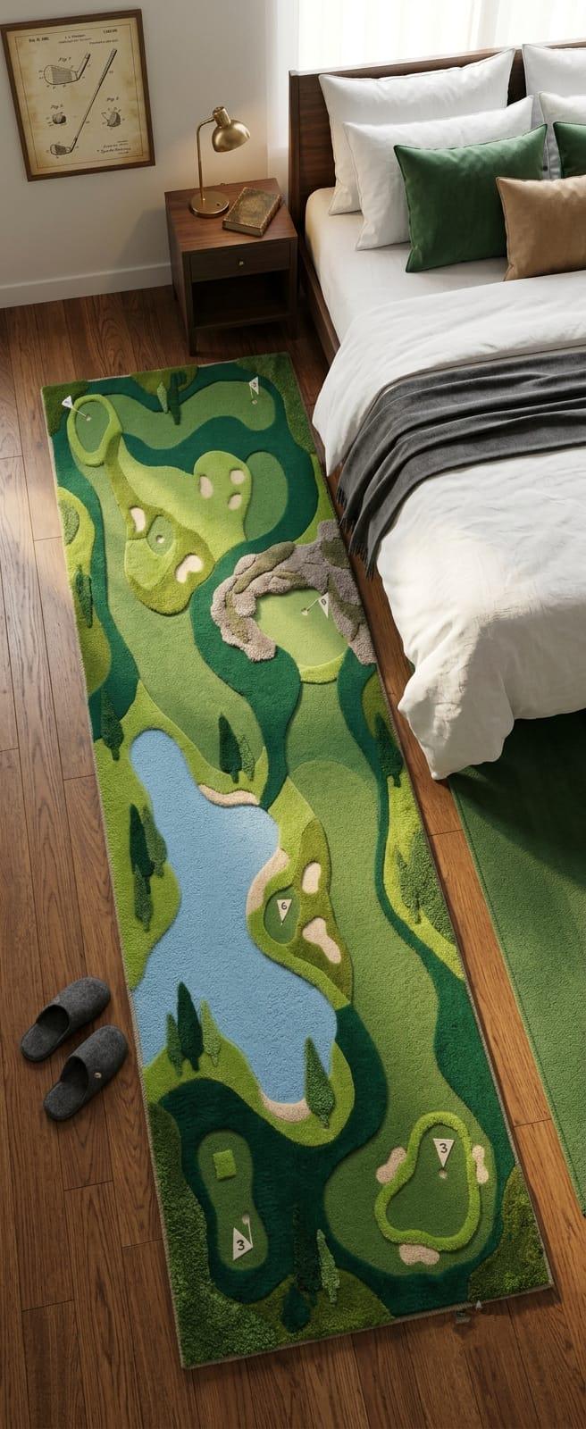 Luxury golf inspired floor runner rug styled in a modern residential hallway A long rectangular area rug with a golf course landscape design in shades of green, blue, and beige, shown on a wooden floor next to a bed in a bedroom setting.