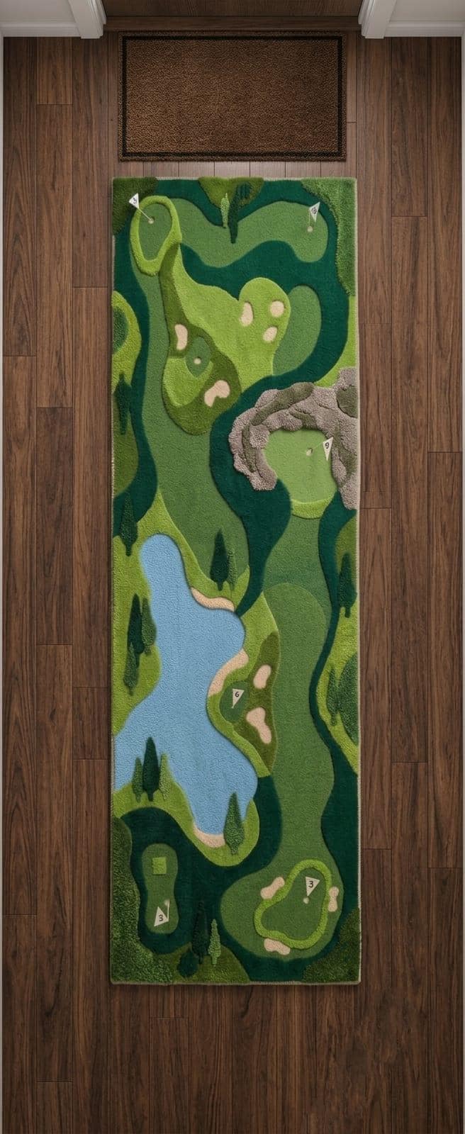 Shubham Art Rugs hand tufted New Zealand wool golf course runner rug featuring a 3D green fairway design layout A long rectangular rug featuring a golf course landscape design in shades of green, blue, gray, and beige, displayed hanging on a dark wood-paneled wall.